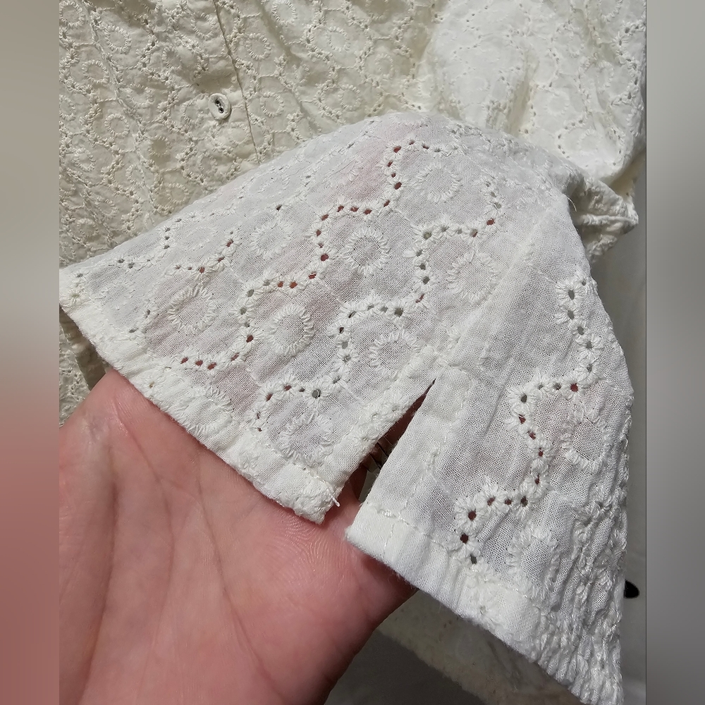 Modcloth‎ cream button front puff sleeve cotton floral eyelet top XL - Picture 5 of 9